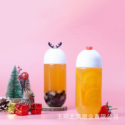 透明な再利用可能なプラスチック柄 蓋付きのミルクティーボトル