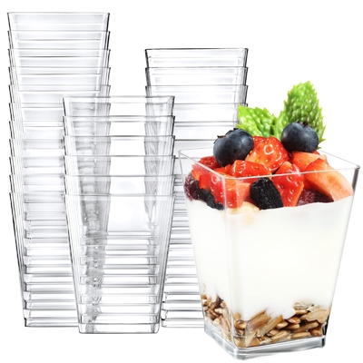 Factory Price Dessert Cups with Lids Reusable Dessert Cups square clear Cups and Spoons in Stock