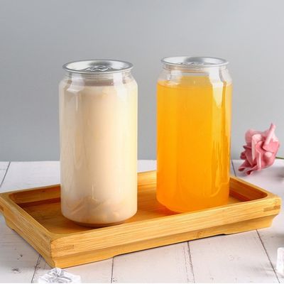 カスタムロゴクリアプラスチックジュース缶、アルミ蓋付きプラスチック缶、ペットプラスチックイージーオープンジュース缶、無料サンプル付き