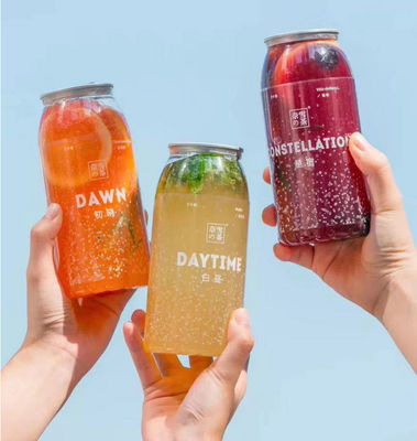 カスタムロゴクリアプラスチックジュース缶、アルミ蓋付きプラスチック缶、ペットプラスチックイージーオープンジュース缶、無料サンプル付き