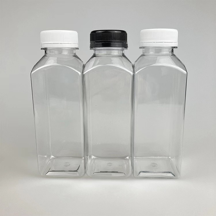 カスタムサポート 異なるサイズ 透明 ペット プラスチック 方形 汁 飲み物 ボトル 黒 白 蓋付き